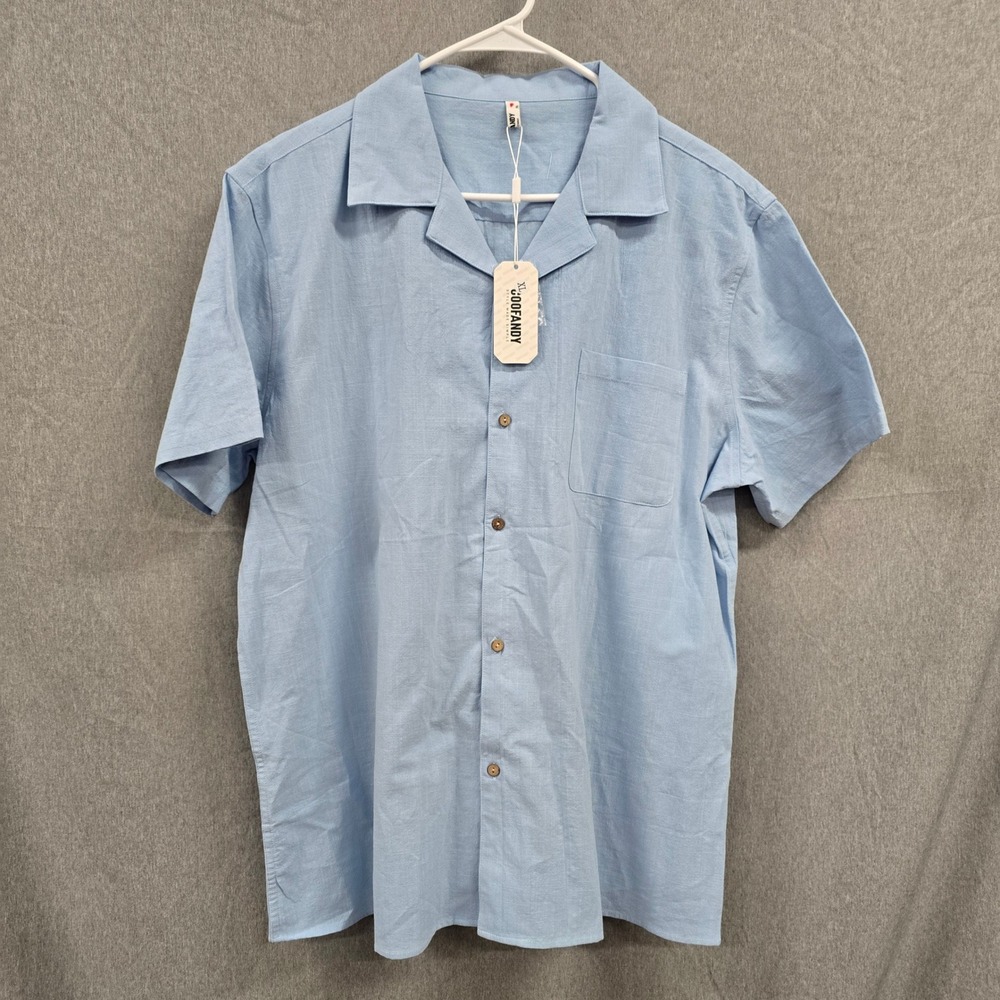 Coofandy Mens Short Sleeve Linen Button Down Shirt Light Blue Camp Collar XL NWT